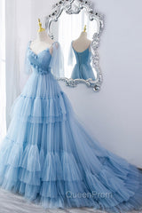 Blue V-Neck Tulle Long Evening Prom Dresses, A-Line Evening Party Dresses