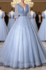 Blue V-Neck Tulle Long Evening Prom Dresses, A-Line Evening Dresses