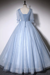 Blue V-Neck Tulle Long Evening Prom Dresses, A-Line Evening Dresses