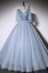 Blue V-Neck Tulle Long Evening Prom Dresses, A-Line Evening Dresses