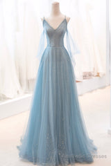Blue V-Neck Tulle Long Prom Dress, A-Line Spaghetti Strap Evening Dress