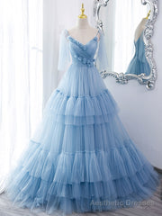Blue v neck tulle long prom dress, blue tulle formal dress