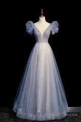 Blue V-Neck Tulle Long Prom Dress with Beaded, Elegant A-Line Formal Evening Dress