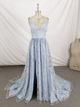 Blue V Neck Tulle Sequin Long Evening Prom Dresses, Blue Aline Evening Graduation Dresses