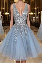 Blue v neck tulle sequin short Evening Prom Dresses, blue homecoming Dresses