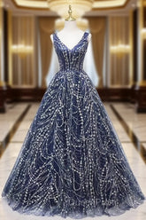 Blue V-neckline Lace Tulle Floor Length Party Dresses, Blue Evening Prom Dresses Evening Dresses