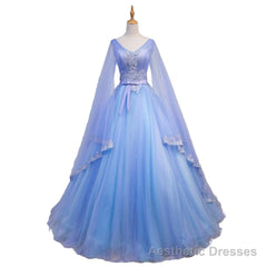 Blue V-neckline Prom Dress with Long Sleeves, Lace Applique Party Dress For Teen