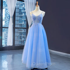 Blue V-neckline Tulle Beaded Long Straps Beaded Dresses, Blue Fashionable Evening Dresses Evening Prom Dresses