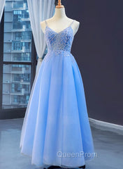 Blue V-neckline Tulle Beaded Long Straps Beaded Dresses, Blue Fashionable Evening Dresses Evening Prom Dresses