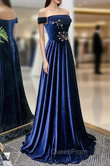 Blue Velvet Beaded Elegant Off Shoulder Evening Dresses, Blue Long Evening Prom Dresses Party Dresses
