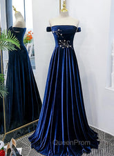 Blue Velvet Beaded Elegant Off Shoulder Evening Dresses, Blue Long Evening Prom Dresses Party Dresses