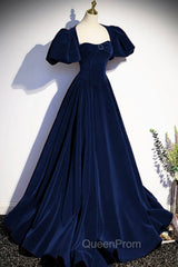 Blue Velvet Floor Length Evening Prom Dresses, Elegant Short Sleeve Evening Party Dresses