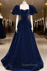 Blue Velvet Floor Length Evening Prom Dresses, Elegant Short Sleeve Evening Party Dresses
