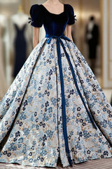 Blue Velvet Floral Long Ball Gown, A-Line Short Sleeve Evening Dresses
