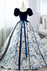 Blue Velvet Floral Long Ball Gown, A-Line Short Sleeve Evening Dresses