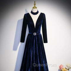Blue Velvet Long Sleeves Floor Length Wedding Party Dresses, Blue Evening Gown