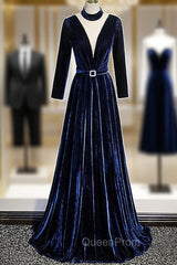 Blue Velvet Long Sleeves Floor Length Wedding Party Dresses, Blue Evening Gown