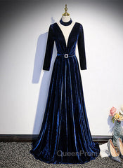 Blue Velvet Long Sleeves Floor Length Wedding Party Dresses, Blue Evening Gown