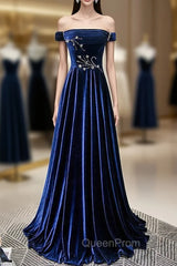 Blue Velvet Off the Shoulder Beading Pleats Evening Prom Dresses