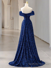 Blue Velvet Sequin Long Prom Dress, Blue Formal Dress
