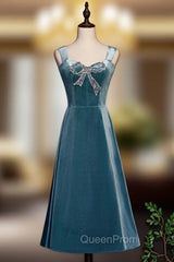Blue Velvet Straps Beading Tea Length Evening Prom Dresses