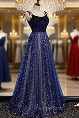Blue Velvet Tulle Long A-Line Evening Prom Dresses, Blue Spaghetti Straps Evening Dresses