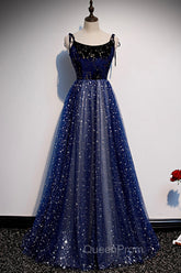 Blue Velvet Tulle Long A-Line Evening Prom Dresses, Blue Spaghetti Straps Evening Dresses