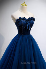 Blue Velvet Tulle Long A-Line Evening Prom Dresses, Blue Strapless Evening Dresses