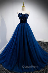 Blue Velvet Tulle Long A-Line Evening Prom Dresses, Blue Strapless Evening Dresses