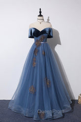 Blue Velvet Tulle Long A-Line Evening Prom Dresses, Off the Shoulder Evening Dresses