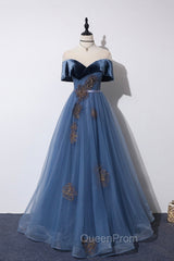 Blue Velvet Tulle Long A-Line Evening Prom Dresses, Off the Shoulder Evening Dresses