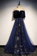 Blue Velvet Tulle Long Prom Dress, A-Line Blue Evening Party Dress