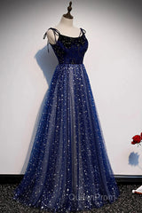 Blue Velvet Tulle Long Evening Prom Dresses, Beautiful A-Line Evening Party Dresses