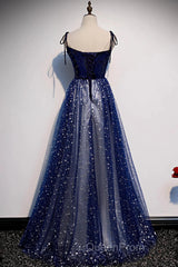 Blue Velvet Tulle Long Evening Prom Dresses, Beautiful A-Line Evening Party Dresses