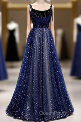 Blue Velvet Tulle Long Evening Prom Dresses, Beautiful A-Line Evening Party Dresses