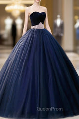 Blue Velvet Tulle Long Evening Prom Dresses, Blue Evening Party Dresses
