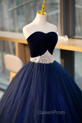 Blue Velvet Tulle Long Evening Prom Dresses, Blue Evening Party Dresses