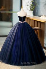 Blue Velvet Tulle Long Evening Prom Dresses, Blue Evening Party Dresses