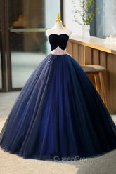 Blue Velvet Tulle Long Evening Prom Dresses, Blue Evening Party Dresses