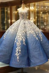 Blue White Ball Gown 3D Flower Cap Sleeve Haute Couture Evening Prom Dresses