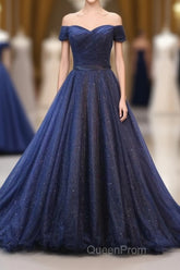 Dark Blue Shining Tulle Long Evening Prom Dresses, Evening Dresses