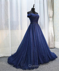 Dark Blue Shining Tulle Long Evening Prom Dresses, Evening Dresses