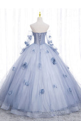 Blue Long Sleeves Tulle Evening Prom Dresses with Flowers, Puffy Off the Shoulder Quinceanera Dresses