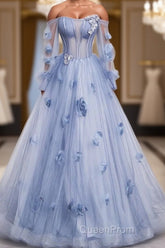 Blue Long Sleeves Tulle Evening Prom Dresses with Flowers, Puffy Off the Shoulder Quinceanera Dresses