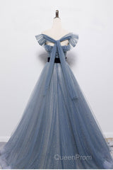 Blue Off the Shoulder Tulle Long Evening Prom Dresses with Sash, Sparkly Formal Gown