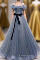Blue Off the Shoulder Tulle Long Evening Prom Dresses with Sash, Sparkly Formal Gown