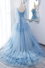 A Line V Neck New Style Tiered Long Tulle Evening Prom Dresses, Evening Gown with Flower