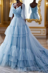 A Line V Neck New Style Tiered Long Tulle Evening Prom Dresses, Evening Gown with Flower