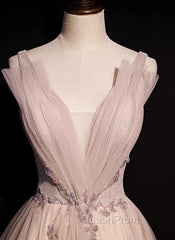 Blush Pink A-Line V-Neck Glitter Tulle With Beaded Long Evening Prom Dresses Adult Ceremony Evening Dresses