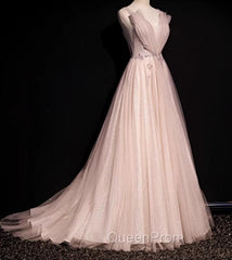 Blush Pink A-Line V-Neck Glitter Tulle With Beaded Long Evening Prom Dresses Adult Ceremony Evening Dresses